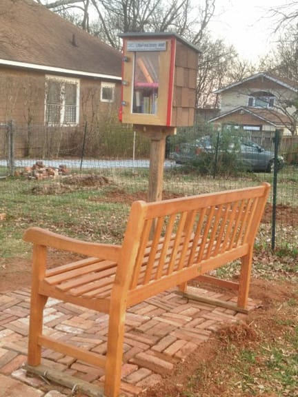 Newly installed teakwood reading bench and brickwork at the Grant Park Little Free Library - Photo by Tom McGowan