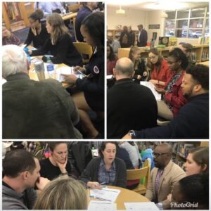 Attendees discuss capacity issues at local elementary schools at a meeting held at Parkside Elementary. Photo by Clare Gordon.