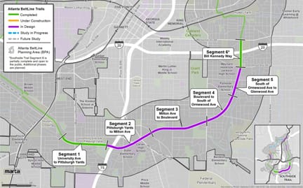 Map of Atlanta Beltline Southside Trail showing completion status of various sections