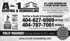 Ad for A-1 Roofing. Phone: 404-627-6909 / 404-787-7001. Website: www.a1roof-remodeling.com